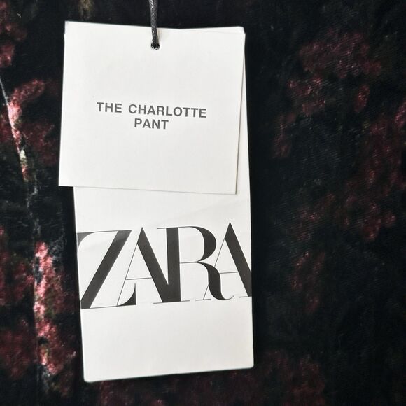 NWT Zara L The Charlotte black wide leg velvet floral trouser pants  Black Red - Picture 12 of 13